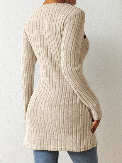 Button Decor Asymmetrical Hem T-Shirt, Casual Ribbed Long Sleeve Top For Spring & Fall, Women's Clothing