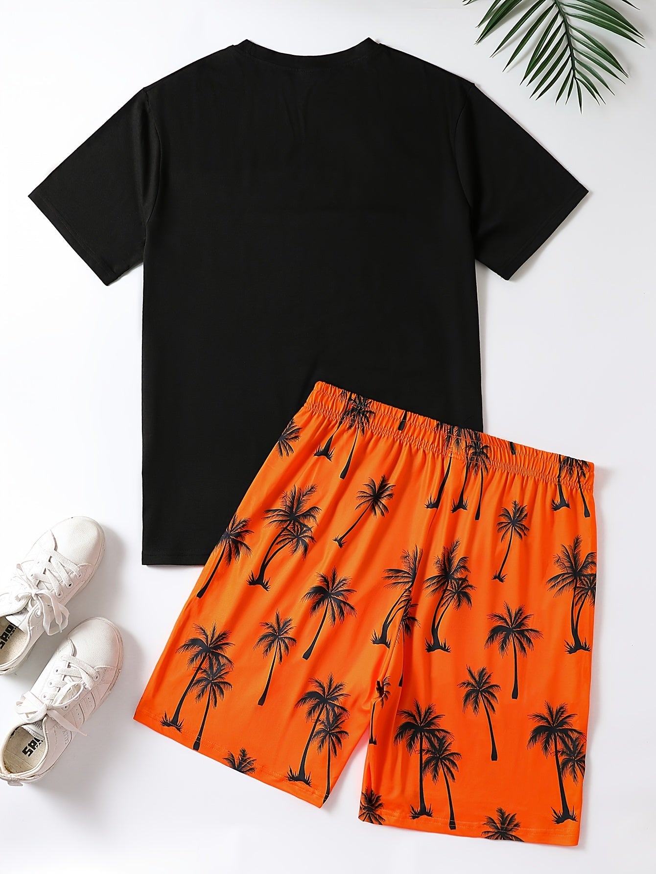 2Pcs Men's Palm Trees Print Casual Crew Neck Short Sleeve T-shirt And Drawstring Sweatpants Joggers Set For Summer