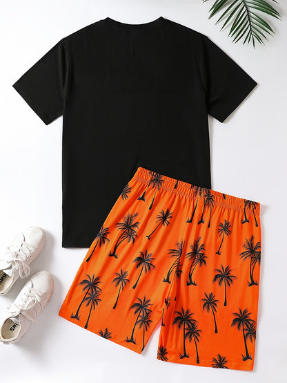 2Pcs Men's Palm Trees Print Casual Crew Neck Short Sleeve T-shirt And Drawstring Sweatpants Joggers Set For Summer