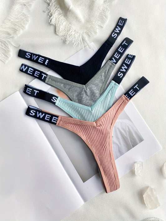 thong panties - Letter Print Tape Thong Panties - Comfort & Breathable Ribbed - Unleash Your Inner Confidence