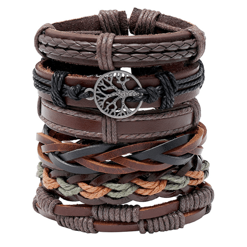 6pcs Retro Funky Men'S Alloy Combination Life Tree Faux Leather Braided Bracelet - Antique Golden Plated, Pendant Material: Alloy, Brand: HUANMING