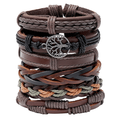 6pcs Retro Funky Men'S Alloy Combination Life Tree Faux Leather Braided Bracelet - Antique Golden Plated, Pendant Material: Alloy, Brand: HUANMING