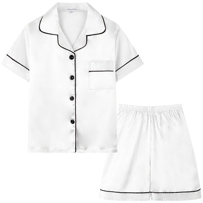 2pcs Girls Pajamas Outfit V-neck Button Casual Short Sleeve Top & Elastic Waist Shorts Set Kids Summer Clothes