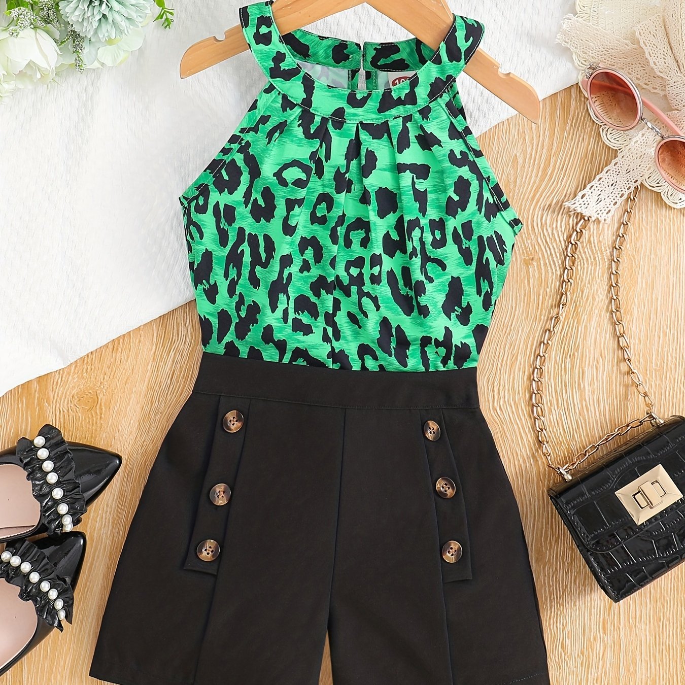 Girls Cold Shoulder Leopard Halter Top & Fake Button Shorts Set Kids Summer Clothes