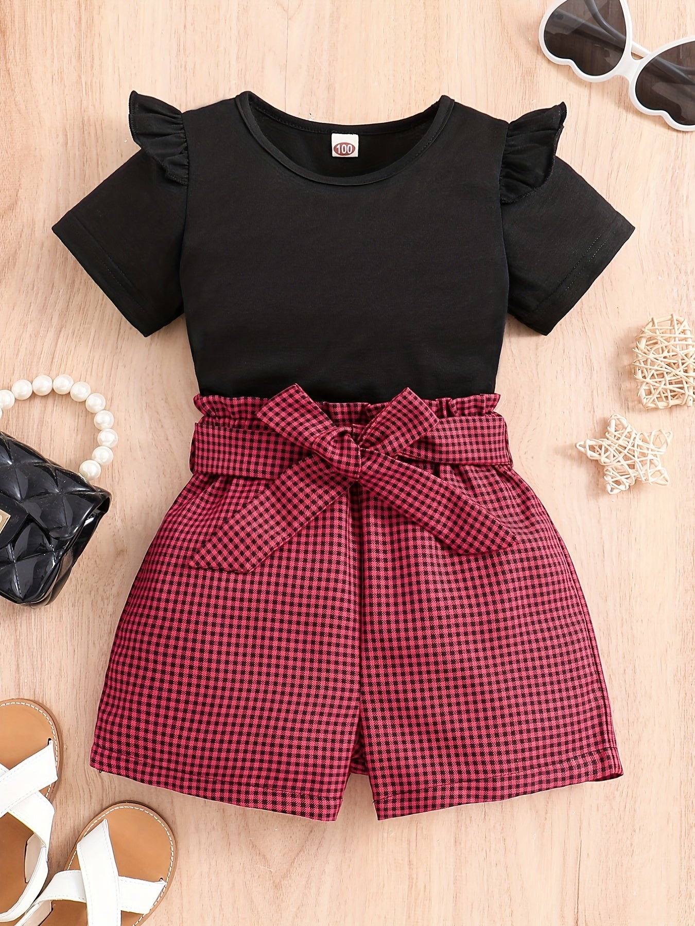 2pcs Girls Round Neck T-Shirt Ruffles Short Sleeves Tee Tops & Belted Plaid Shorts Set Summer Clothes