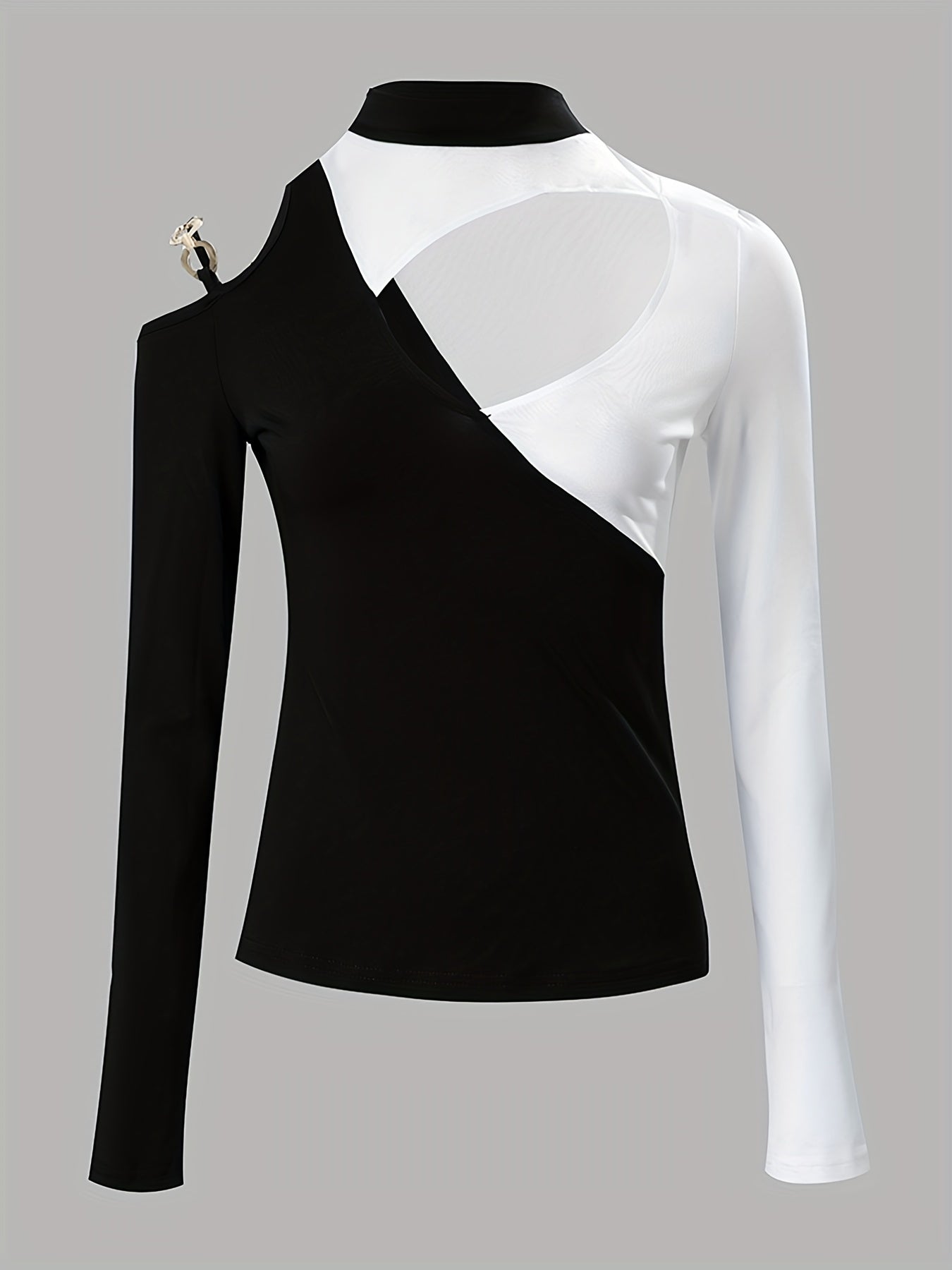 Fashionable Color Block Cut Out T-Shirt - Eye-Catching Detail, Chic Mock Neck, Cold Shoulder Style - Perfect for Spring & Fall, Womens Casual Wardrobe Staple