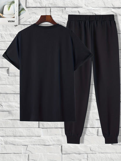 Color Blocks Print, Men's 2 Pieces Outfits, Short Sleeve T-Shirt And Drawstring Trousers Set