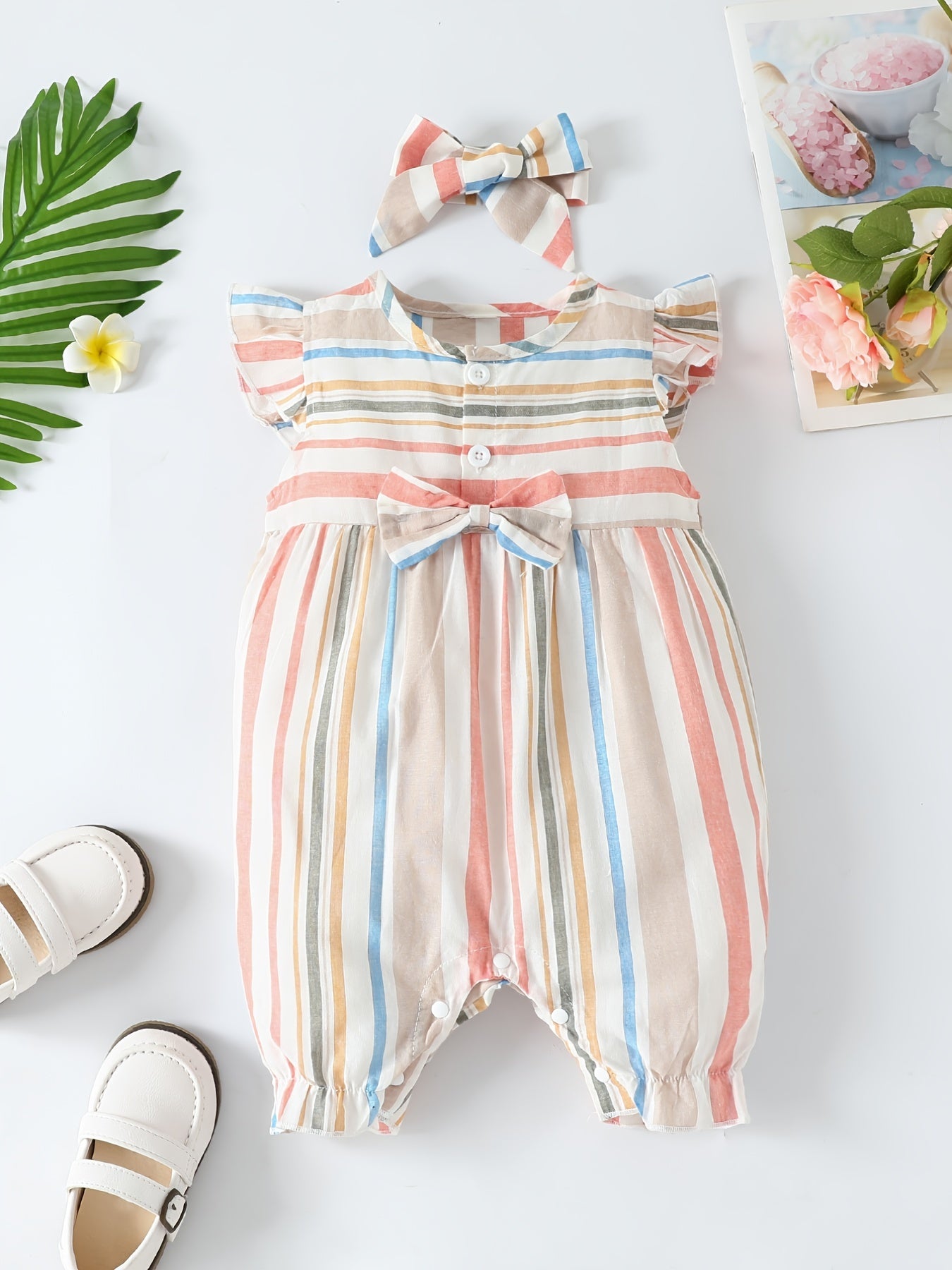 Baby Girls Striped Ruffled Romper Set with Bow Headband for Summer