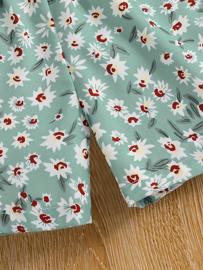 Girls 2pcs Round Neck Sleeveless Tank Top & Elastic Waist Shorts With Belt Floral Love Print Casual Kids Clothes Summer
