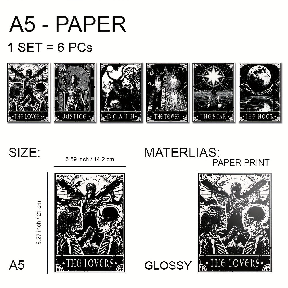 6pcs/set Black White Tarot Posters Wall Art, Living Room Bedroom Modern Wall Painting No Frame