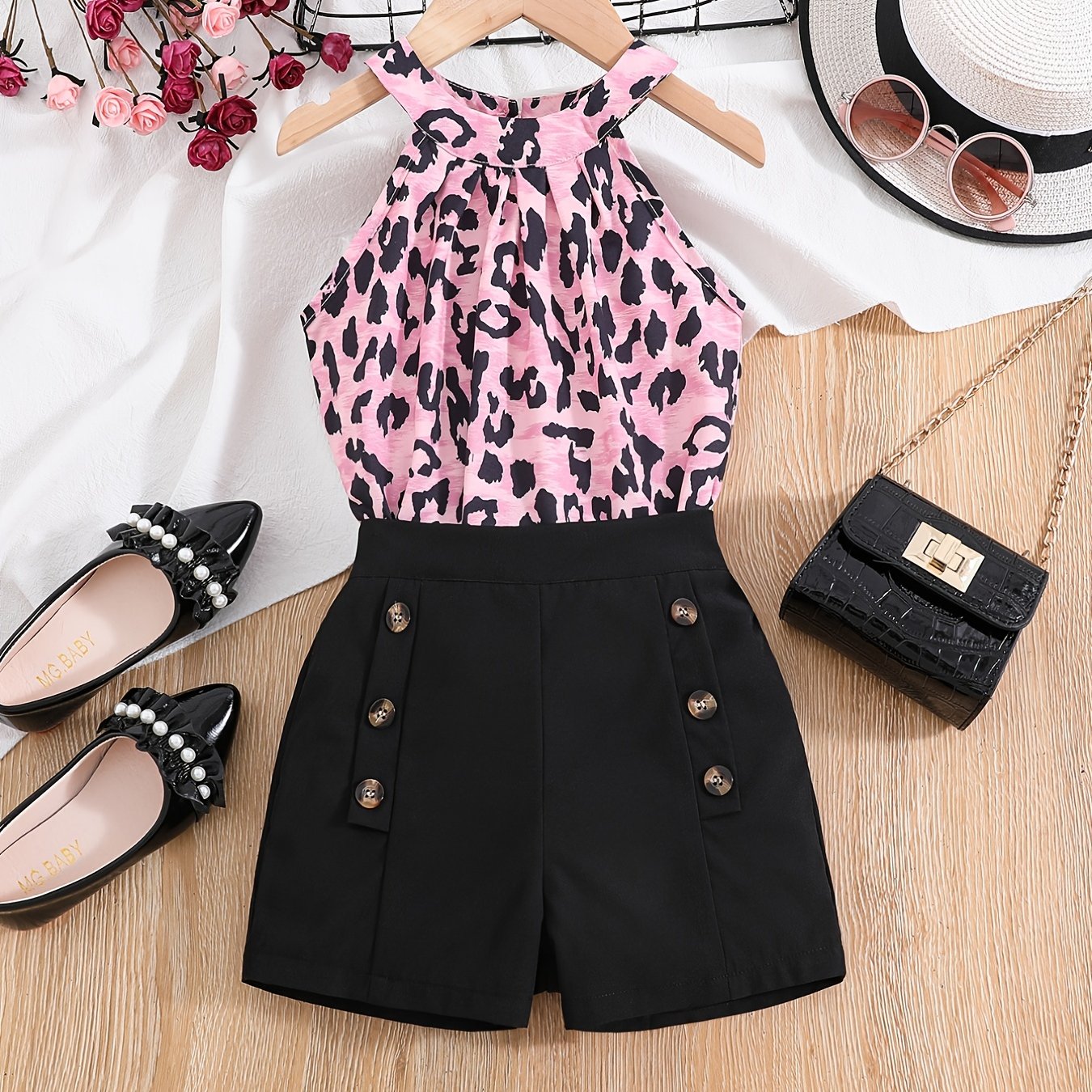 Girls Cold Shoulder Leopard Halter Top & Fake Button Shorts Set Kids Summer Clothes
