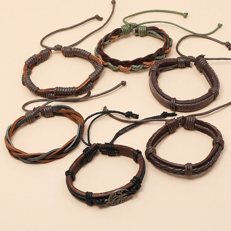 6pcs Retro Funky Men'S Alloy Combination Life Tree Faux Leather Braided Bracelet - Antique Golden Plated, Pendant Material: Alloy, Brand: HUANMING