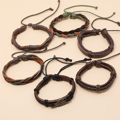 6pcs Retro Funky Men'S Alloy Combination Life Tree Faux Leather Braided Bracelet - Antique Golden Plated, Pendant Material: Alloy, Brand: HUANMING