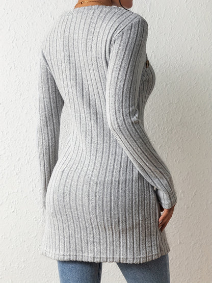 Button Decor Asymmetrical Hem T-Shirt, Casual Ribbed Long Sleeve Top For Spring & Fall, Women's Clothing