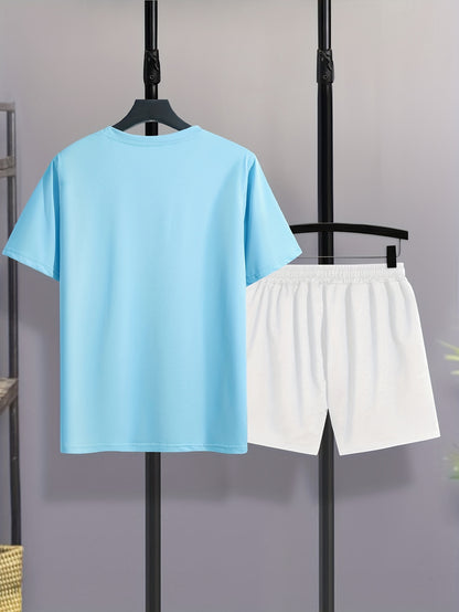 Mens 2Pcs Coconut Tree Print Outfit - Lightweight & Comfortable Casual T-Shirt & Drawstring Shorts Set - Perfect Summer Style with Quick-Dry Technology