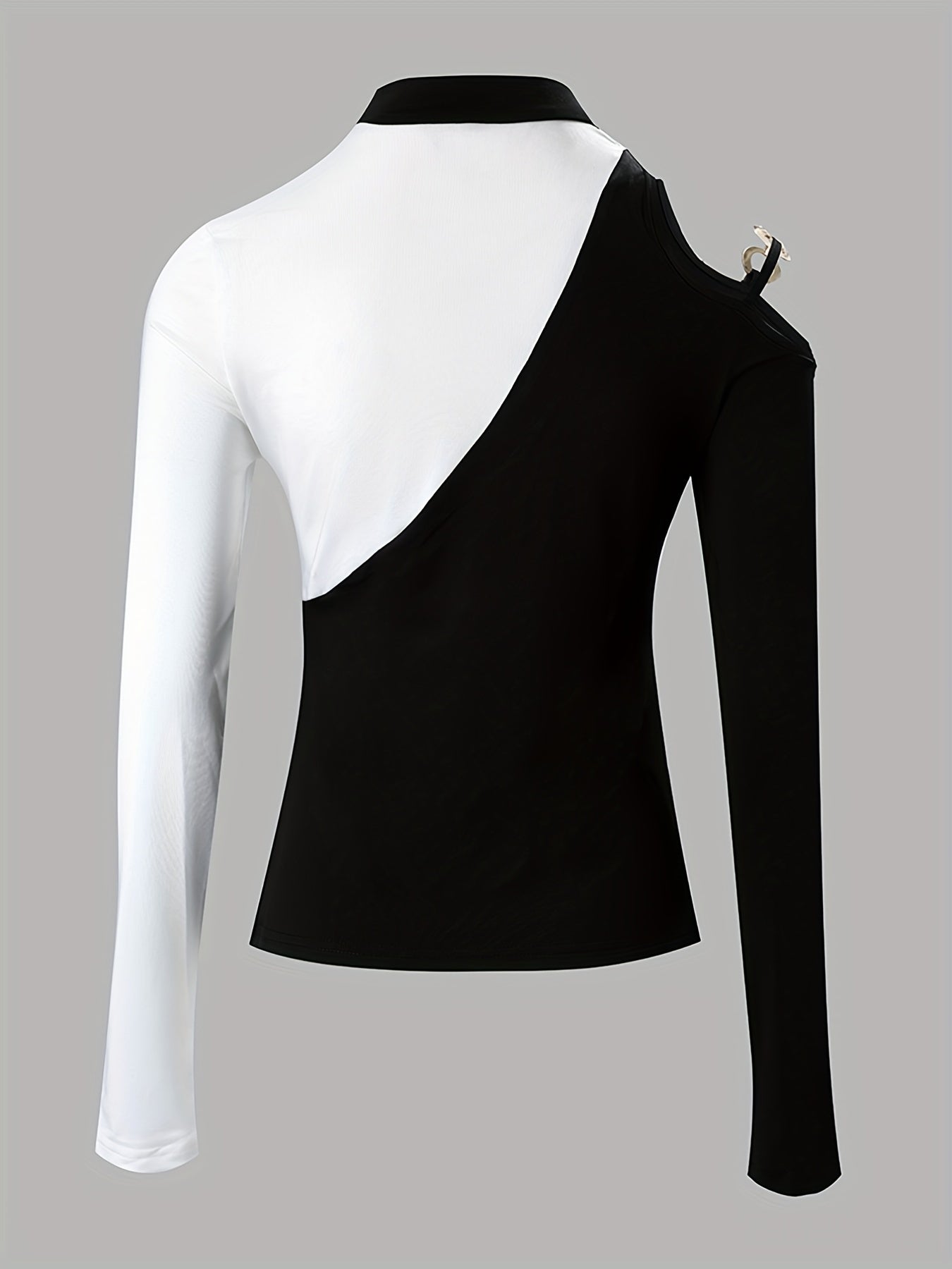 Fashionable Color Block Cut Out T-Shirt - Eye-Catching Detail, Chic Mock Neck, Cold Shoulder Style - Perfect for Spring & Fall, Womens Casual Wardrobe Staple