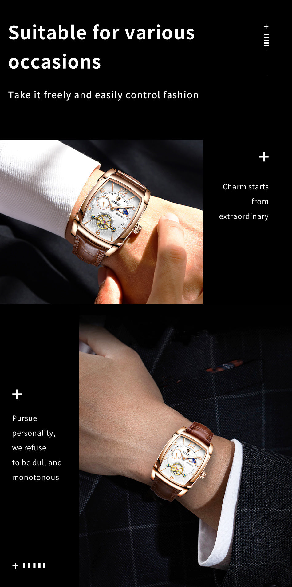 LIGE 2023 Vintage-Inspired Mechanical Men's Watch – Waterproof, Rectangular Leather Timepiece, Perfect Gift