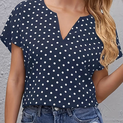 Women's Casual Fashion V-Neck Blouses - Polka Dot Print Short Sleeve Loose Fit Tops