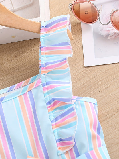 Girls Sleeveless Ruffle Trim Romper Striped Jumpsuit With Belt Kids Summer Clothes