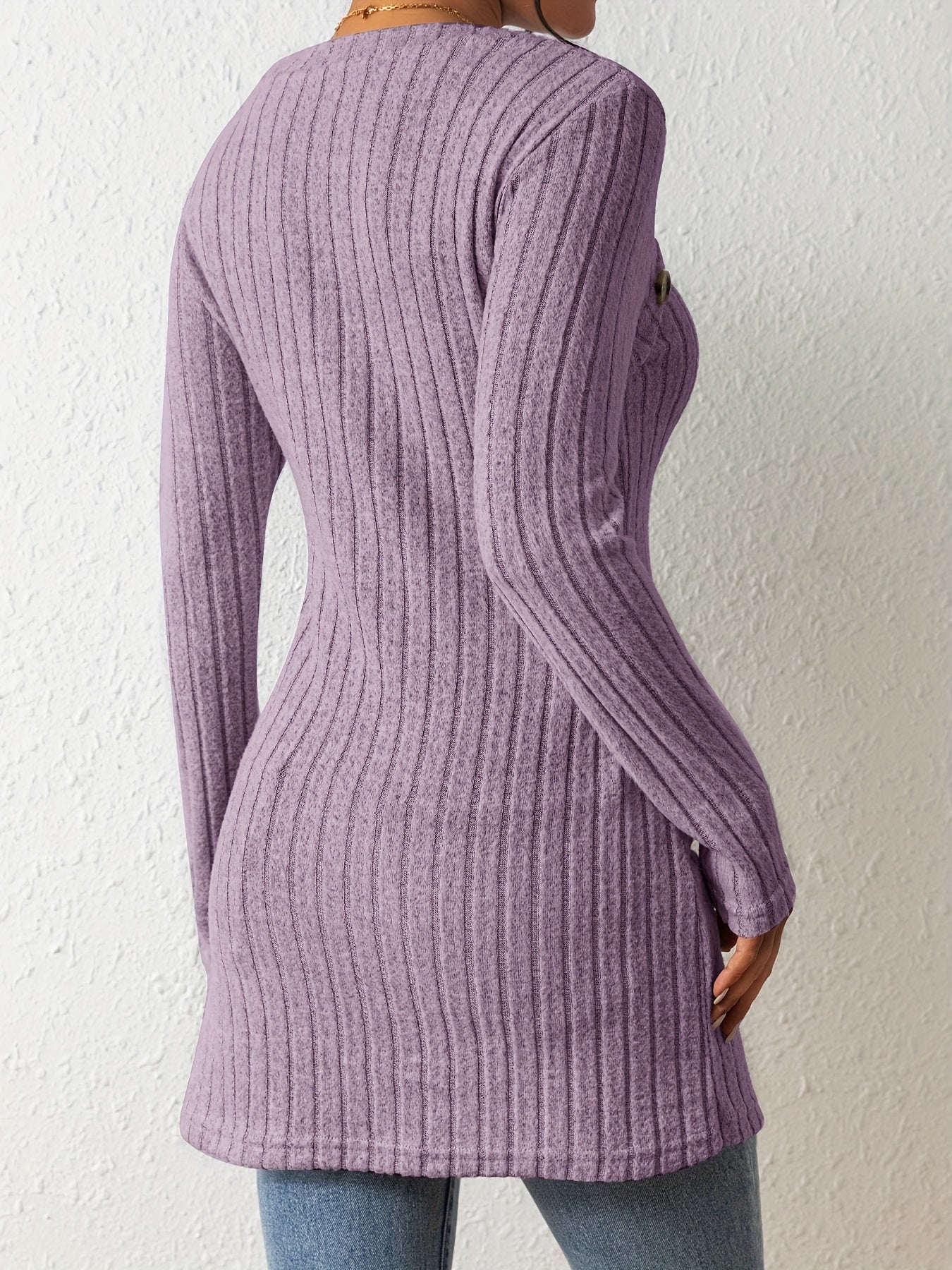 Button Decor Asymmetrical Hem T-Shirt, Casual Ribbed Long Sleeve Top For Spring & Fall, Women's Clothing