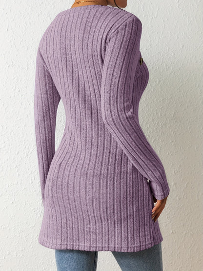 Button Decor Asymmetrical Hem T-Shirt, Casual Ribbed Long Sleeve Top For Spring & Fall, Women's Clothing