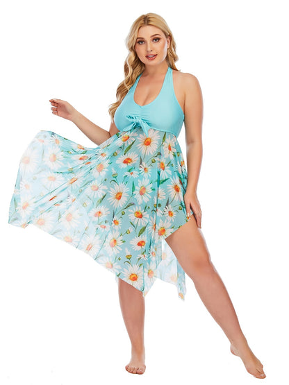 [Plus Size | Mesh] Plus Size Mesh Spliced Swimsuit | European and American Style Separated Skirt with Flower Print Irregular Hem Oversized Swimwear for Vacation
