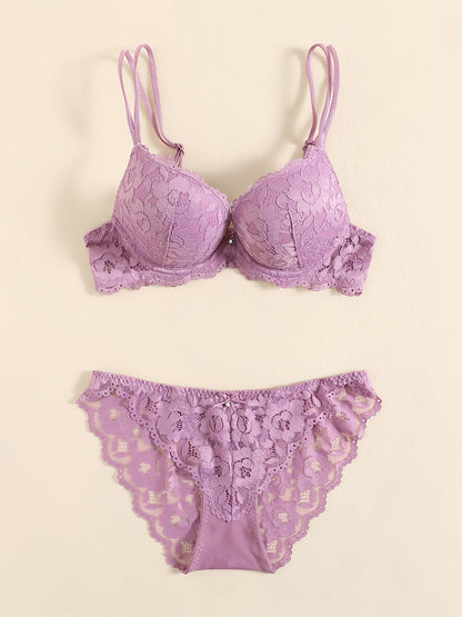 Romantic Lace Embroidery Lingerie Set - Soft & Breathable Push-Up Bra with Sheer Panty - Perfect Seductive Valentines Gift for Her - Womens Comfortable Intimate Wear