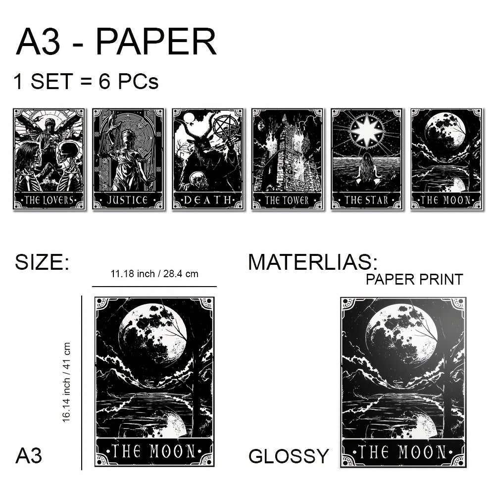6pcs/set Black White Tarot Posters Wall Art, Living Room Bedroom Modern Wall Painting No Frame