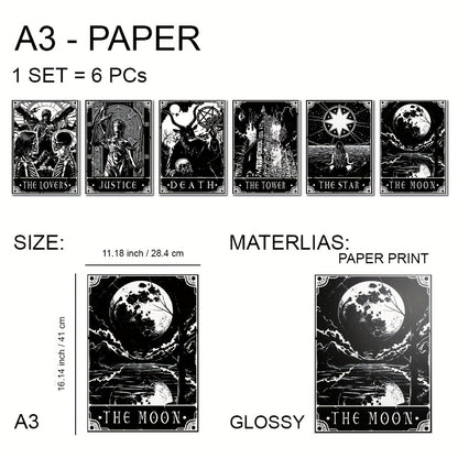 6pcs/set Black White Tarot Posters Wall Art, Living Room Bedroom Modern Wall Painting No Frame