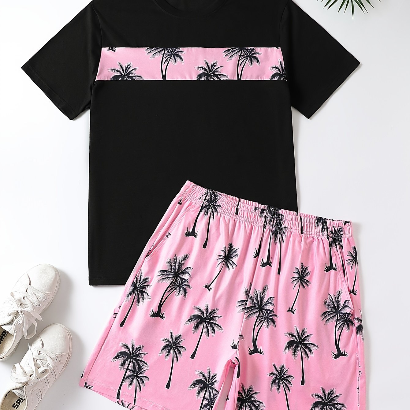 2Pcs Men's Palm Trees Print Casual Crew Neck Short Sleeve T-shirt And Drawstring Sweatpants Joggers Set For Summer