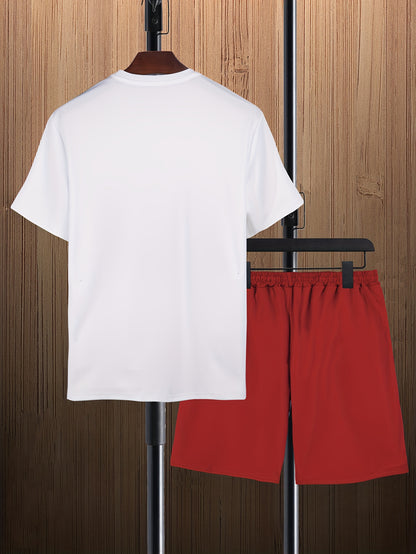 Mens Trendy Leaf Print 2-Piece Outfit - Relaxed Fit T-Shirt & Adjustable Drawstring Shorts - Comfortable Casual Wear
