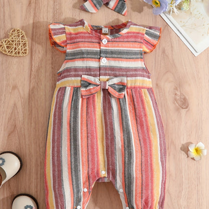 Baby Girls Striped Ruffled Romper Set with Bow Headband for Summer