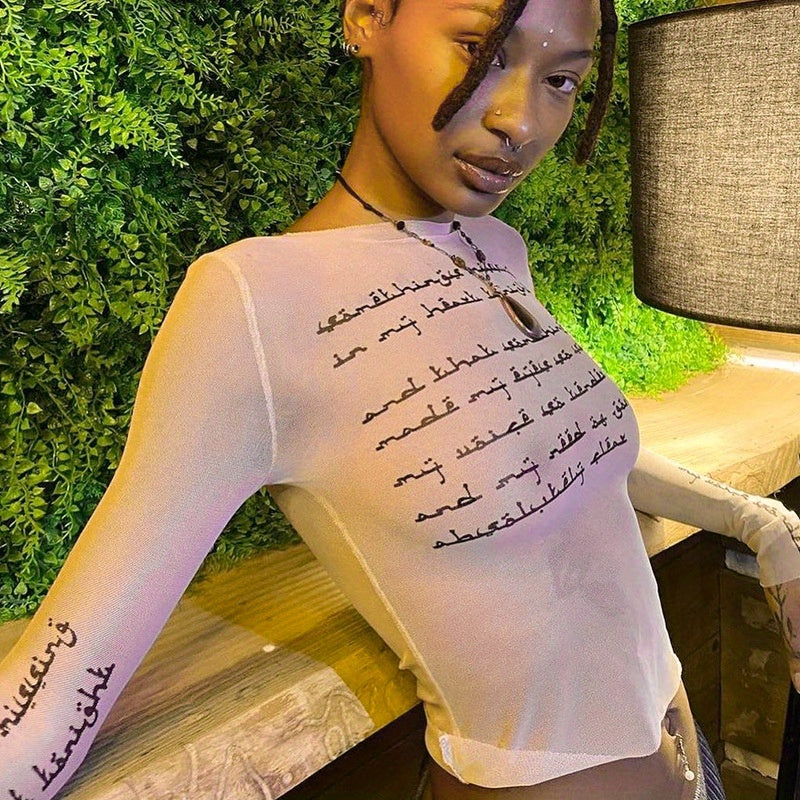 Trendy Letter Print Mesh Top - Fashionable & Breathable Semi-sheer Womens T-shirt - Long Sleeve Spring & Summer Essential
