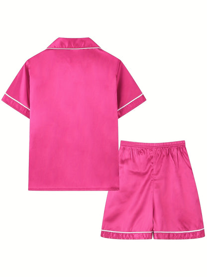 2pcs Girls Pajamas Outfit V-neck Button Casual Short Sleeve Top & Elastic Waist Shorts Set Kids Summer Clothes