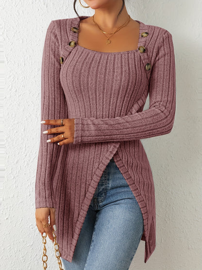 Button Decor Asymmetrical Hem T-Shirt, Casual Ribbed Long Sleeve Top For Spring & Fall, Women's Clothing