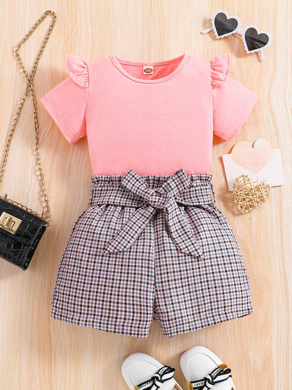 2pcs Girls Round Neck T-Shirt Ruffles Short Sleeves Tee Tops & Belted Plaid Shorts Set Summer Clothes