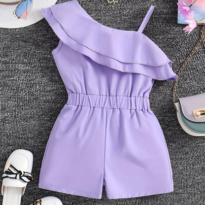 Adorable Girls' White One-Shoulder Romper Jumpsuit - Ruffled, Sleeveless, Summer Outfit for Kids - Breathable, Soft, Comfortable Clothing for Little Princesses
