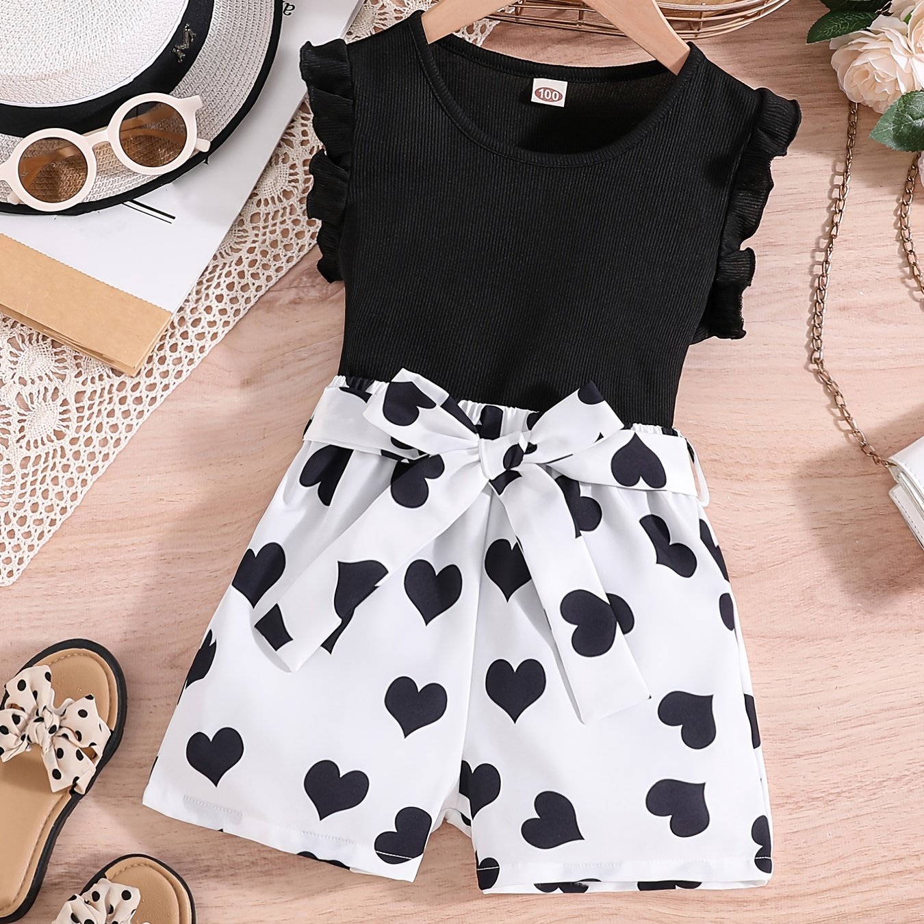 Girls Ruffle Trim Round Neck Top & Heart Graphic Belted Shorts Set Kids Summer Clothes