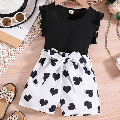Girls Ruffle Trim Round Neck Top & Heart Graphic Belted Shorts Set Kids Summer Clothes