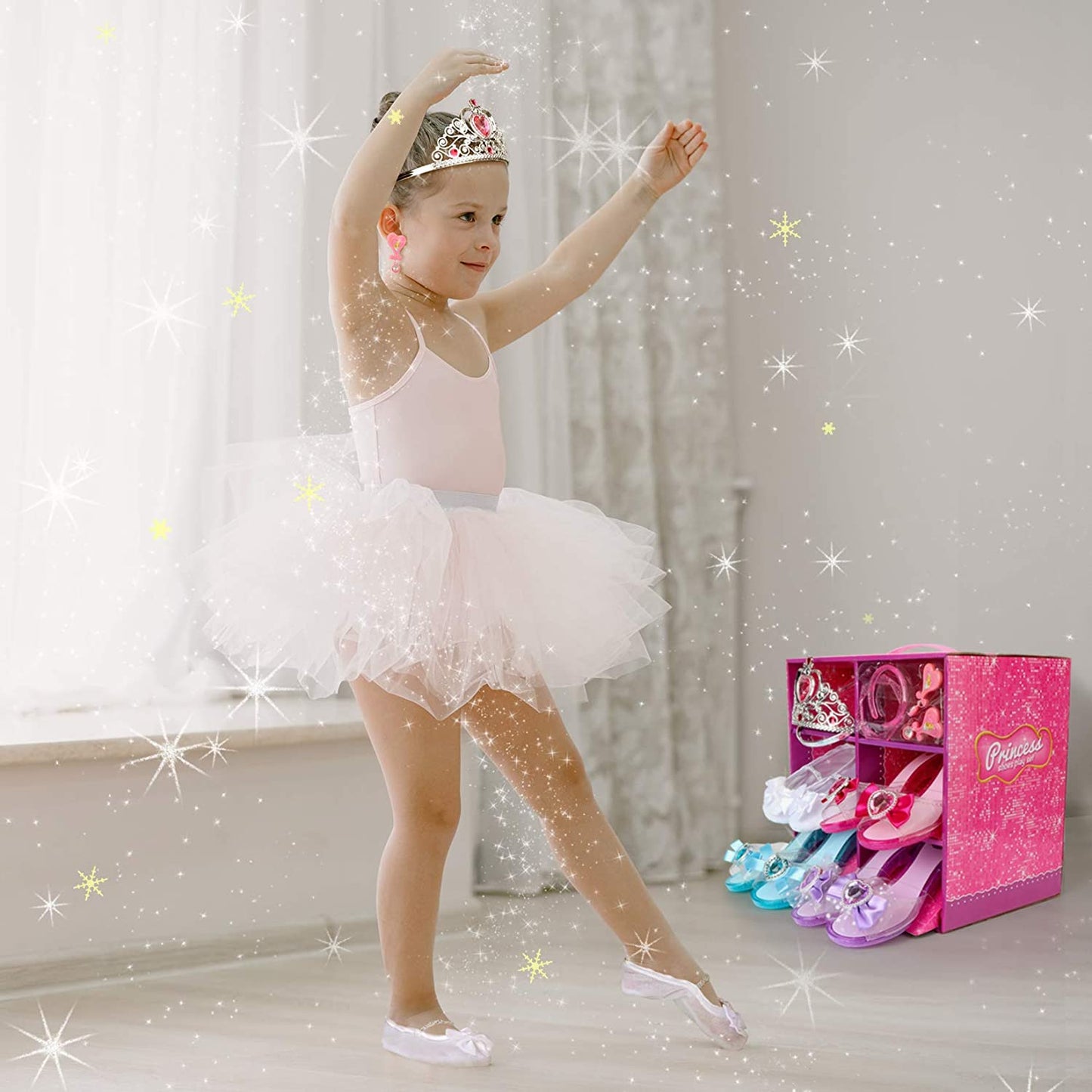 Princess Playtime Shoe Set 4-Pair - Complete Dress-Up Kit with Tiara, Jewelry & Accessories - Ideal Birthday Gift for Girls 3-6