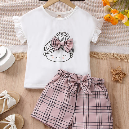 2pcs Girls Figure Graphic T-Shirts Round Neck Ruffle Sleeve Tees Top & Elastic Waist Bow Plaid Shorts Set Kids Summer Clothes