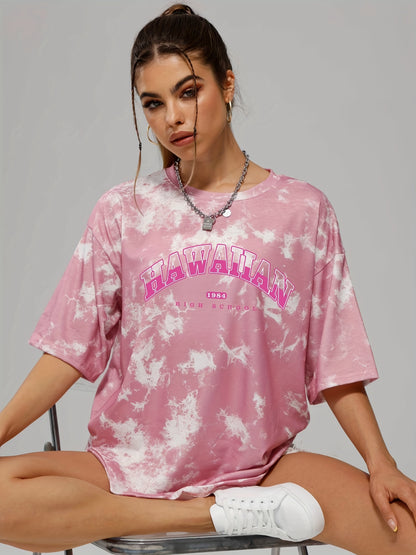 Women's Tie Dye Letter Graphic Tee, Casual Loose Sports Crew Neck T-shirt, Women's Tops