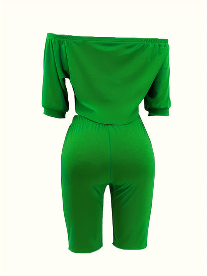 Sexy Solid Fashion Pantsuits Two-piece Set, Off Shoulder Short Sleeve Tops & Slim Shorts Set, Women's Clothing