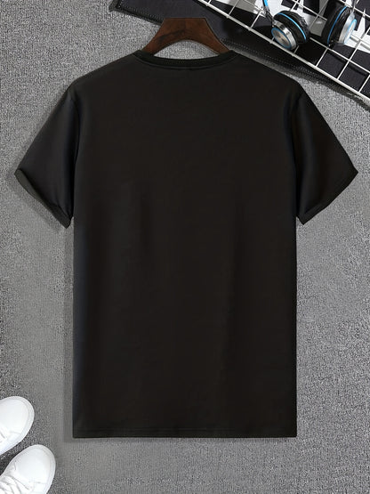 Mens Geometric Print Crew Neck T-Shirt - Soft Slight Stretch Polyester Fabric, Casual Short Sleeve Tee for Summer Spring Fall, Unique Applique Artwork, Machine Washable, Perfect Gift
