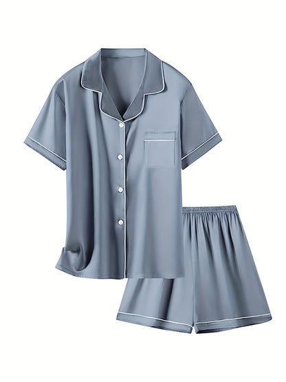 2pcs Girls Pajamas Outfit V-neck Button Casual Short Sleeve Top & Elastic Waist Shorts Set Kids Summer Clothes