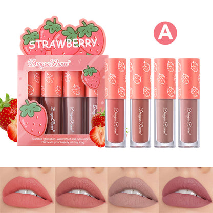 4 Pcs Strawberry Matte Lipstick Set - Lip Stains with Waterproof, Non-Stick, Velvety Finish and Long-Lasting Lip Glaze - Perfect Valentine's Day Gifts for Women with Lip Care Benefits